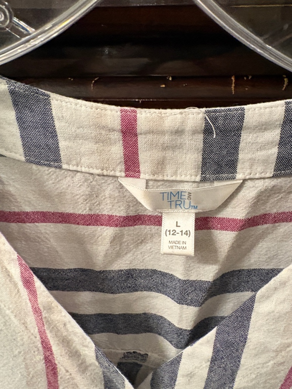 Time and Tru White Blouse with Navy and Pink Stripes - Picture 2 of 2